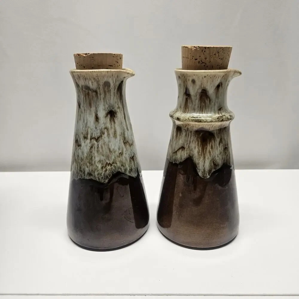 Brown Drip Pottery Oil And Vinegar Container Set Decanter Vintage MCM